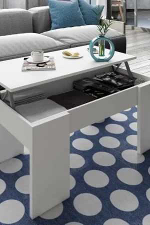 Tavolino da salotto Almas, Tavolino da caffè con piano elevabile, Tavolo basso da soggiorno, cm 100x50h45/56, Bianco lucido Reso Gratuito