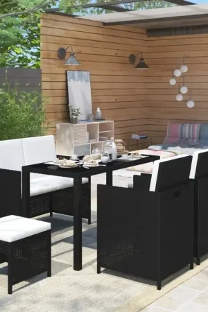 Esclusivo Set da Pranzo per Esterni 6 pz con Cuscini in Polyrattan Nero
