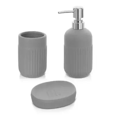 Accessori bagno da appoggio in set 3 pezzi in ceramica colore grigio Cup Prezzo Basso